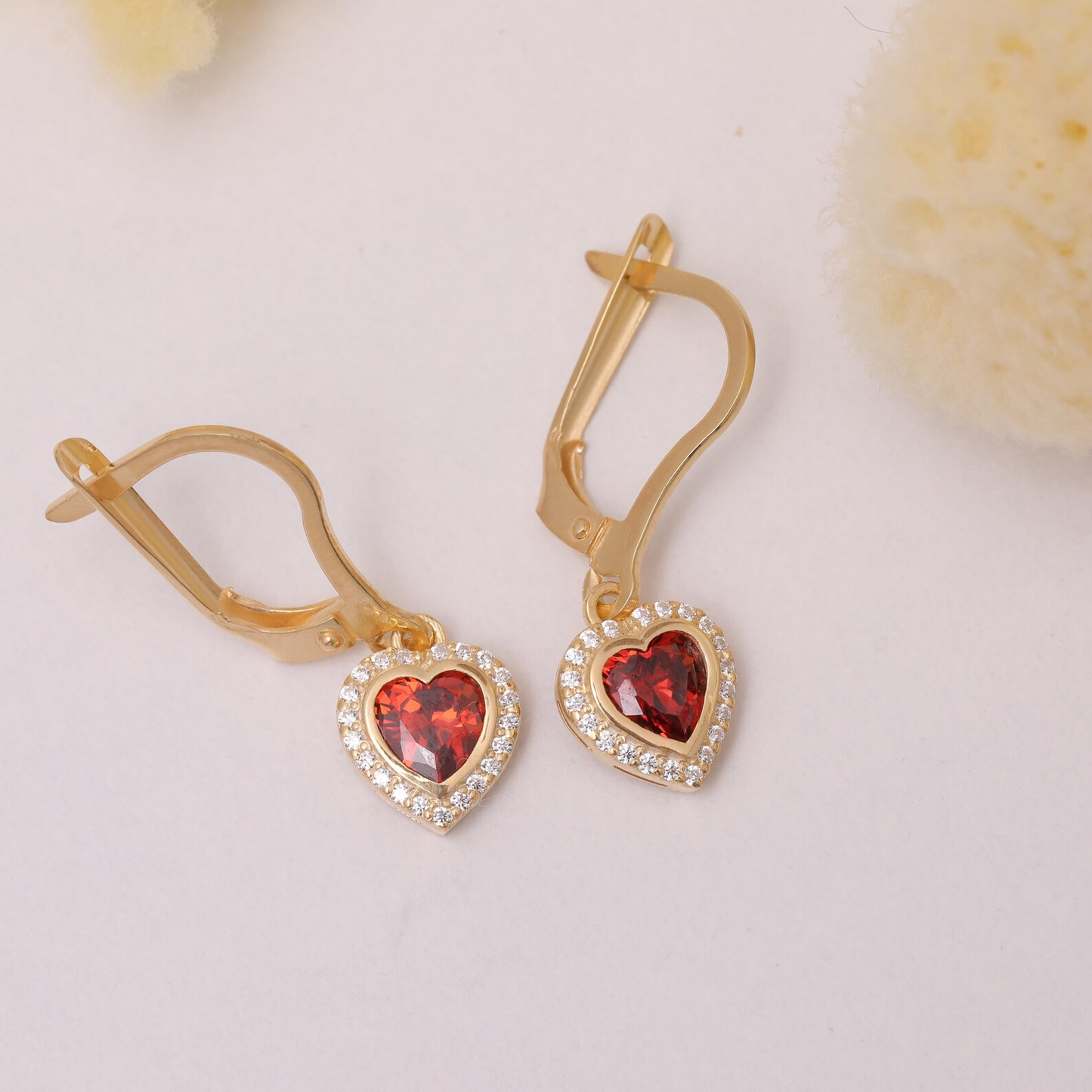 Garnet Bezel Heart Dangle Earrings with Real Diamonds in 8K/10K/14K Solid Gold | January Birthstone Jewelry