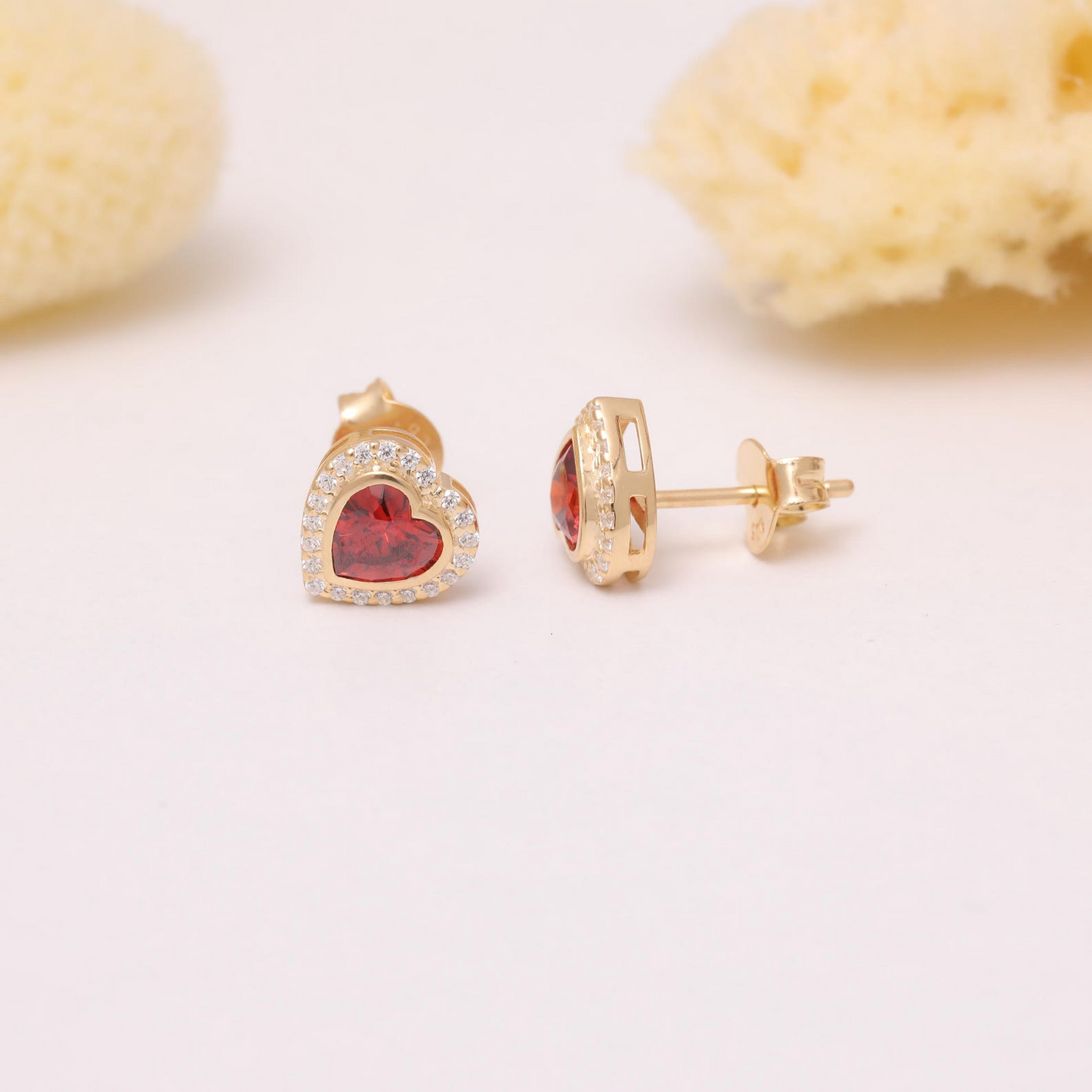 Garnet Bezel Heart Stud Earrings with Real Diamonds in 10K/14K Solid Gold | January Birthstone Jewelry
