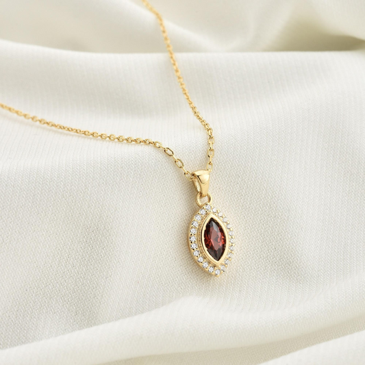 Garnet Bezel Marquise Necklace with Real Diamonds in 8K/10K/14K Solid Gold | January Birthstone Jewelry
