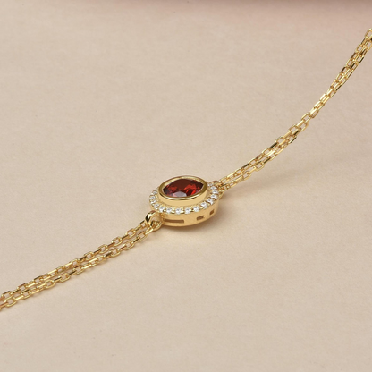 Garnet Round Bezel Bracelet in 8K/10K/14K Solid Gold with Real Diamonds, January Birthstone Jewelry
