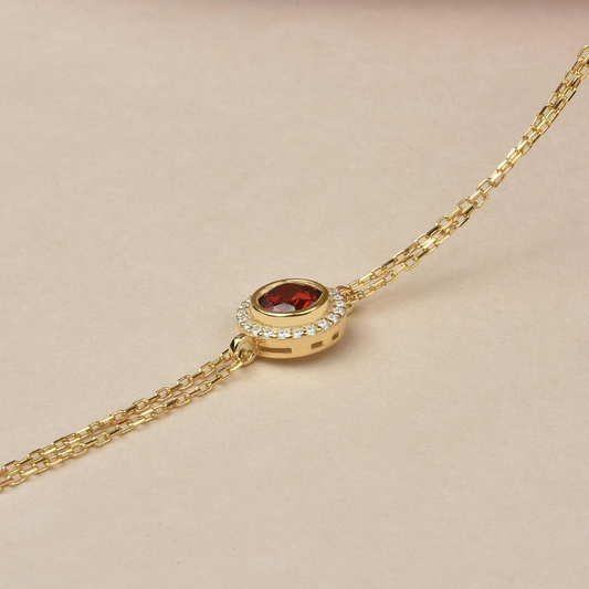 Garnet Round Bezel Bracelet in 8K/10K/14K Solid Gold with Real Diamonds, January Birthstone Jewelry