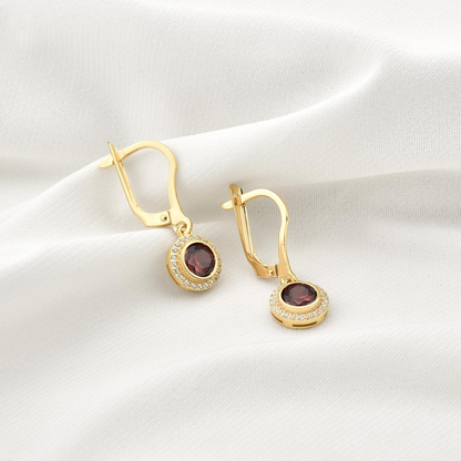Garnet Round Bezel Dangle Earrings in 8K/10K/14K Solid Gold with Real Diamonds, January Birthstone Jewelry