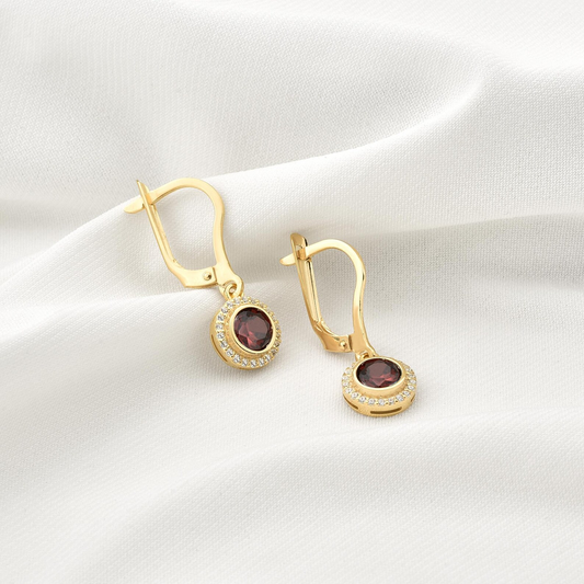 Garnet Round Bezel Dangle Earrings in 8K/10K/14K Solid Gold with Real Diamonds, January Birthstone Jewelry