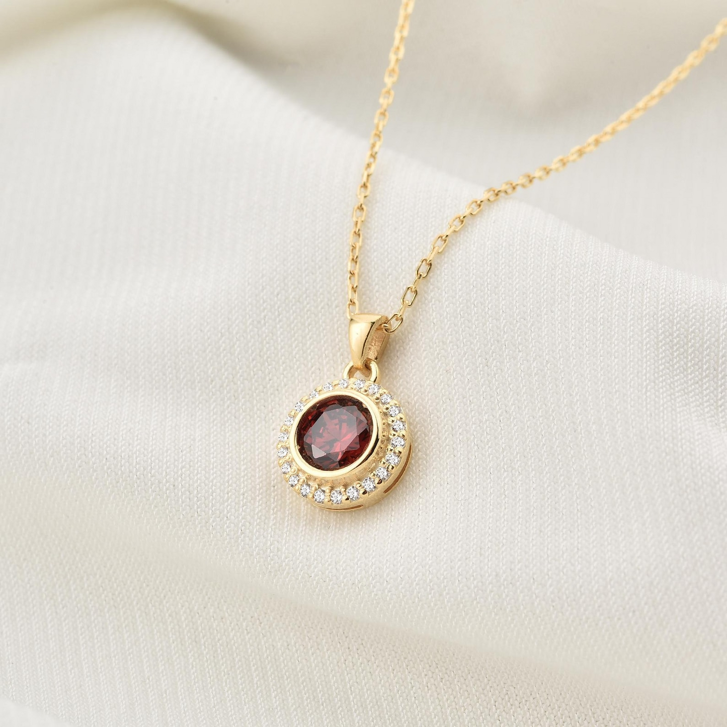 Garnet Round Bezel Necklace in 8K/10K/14K Solid Gold with Real Diamonds, January Birthstone Jewelry