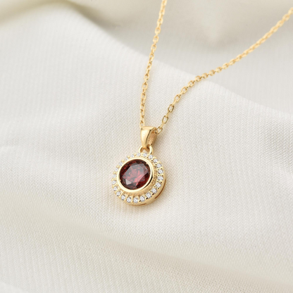 Garnet Round Bezel Necklace in 8K/10K/14K Solid Gold with Real Diamonds, January Birthstone Jewelry