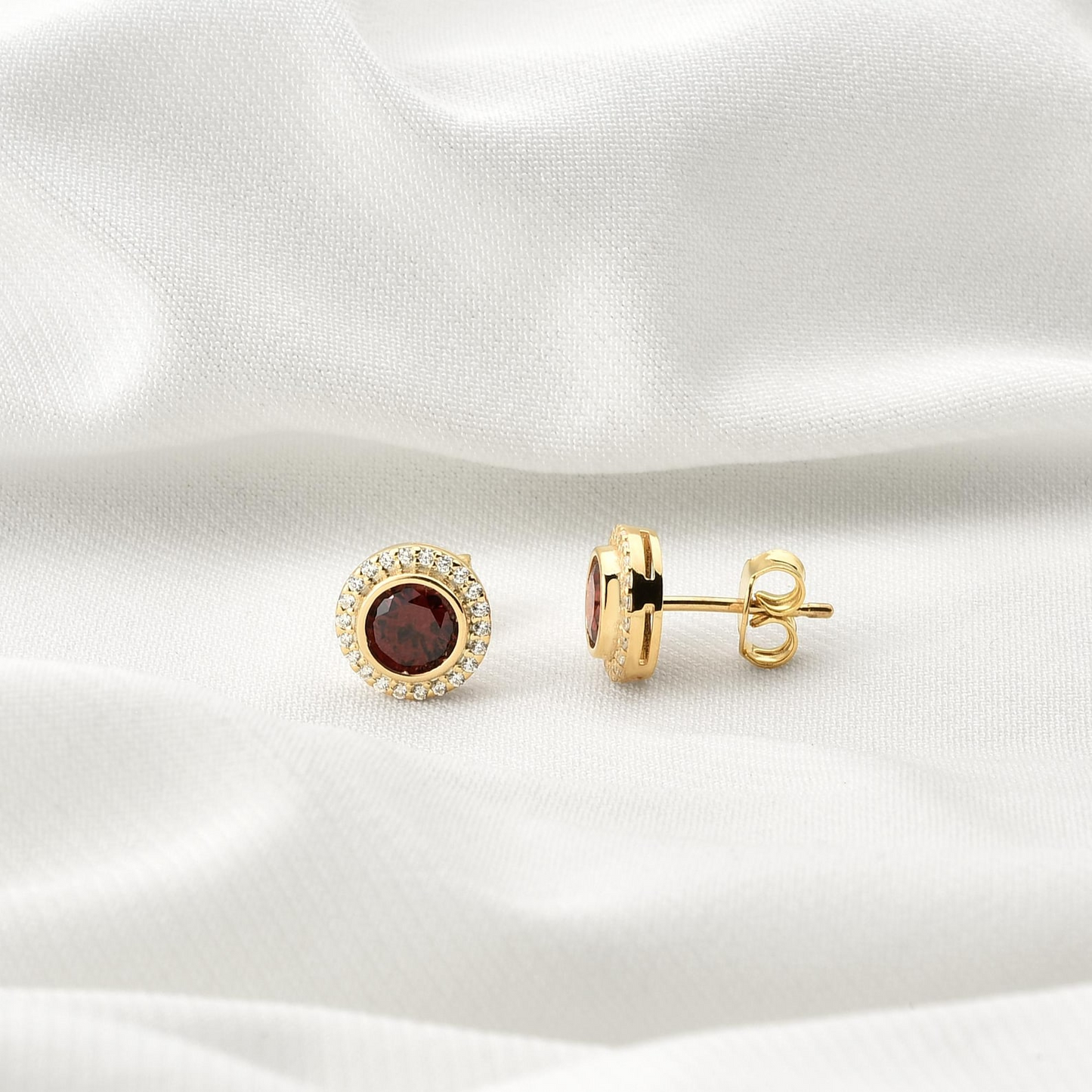 Garnet Round Bezel Stud Earrings in 8K/10K/14K Solid Gold with Real Diamonds, January Birthstone Jewelry