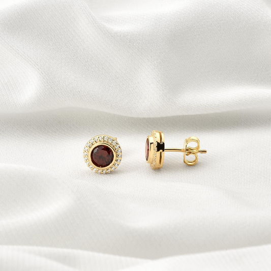 Garnet Round Bezel Stud Earrings in 8K/10K/14K Solid Gold with Real Diamonds, January Birthstone Jewelry