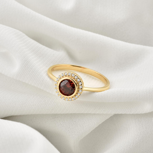 Garnet Round Bezel Ring in 8K/10K/14K Solid Gold with Real Diamonds, January Birthstone Jewelry