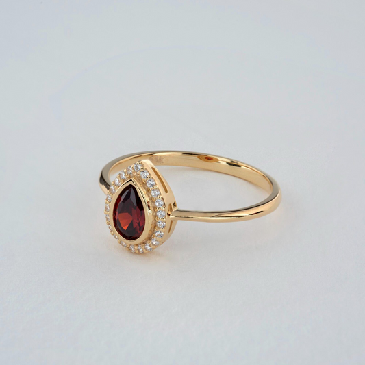 Garnet Bezel Drop Ring with Real Diamonds in 8K/10K/14K Solid Gold | January Birthstone Jewelry