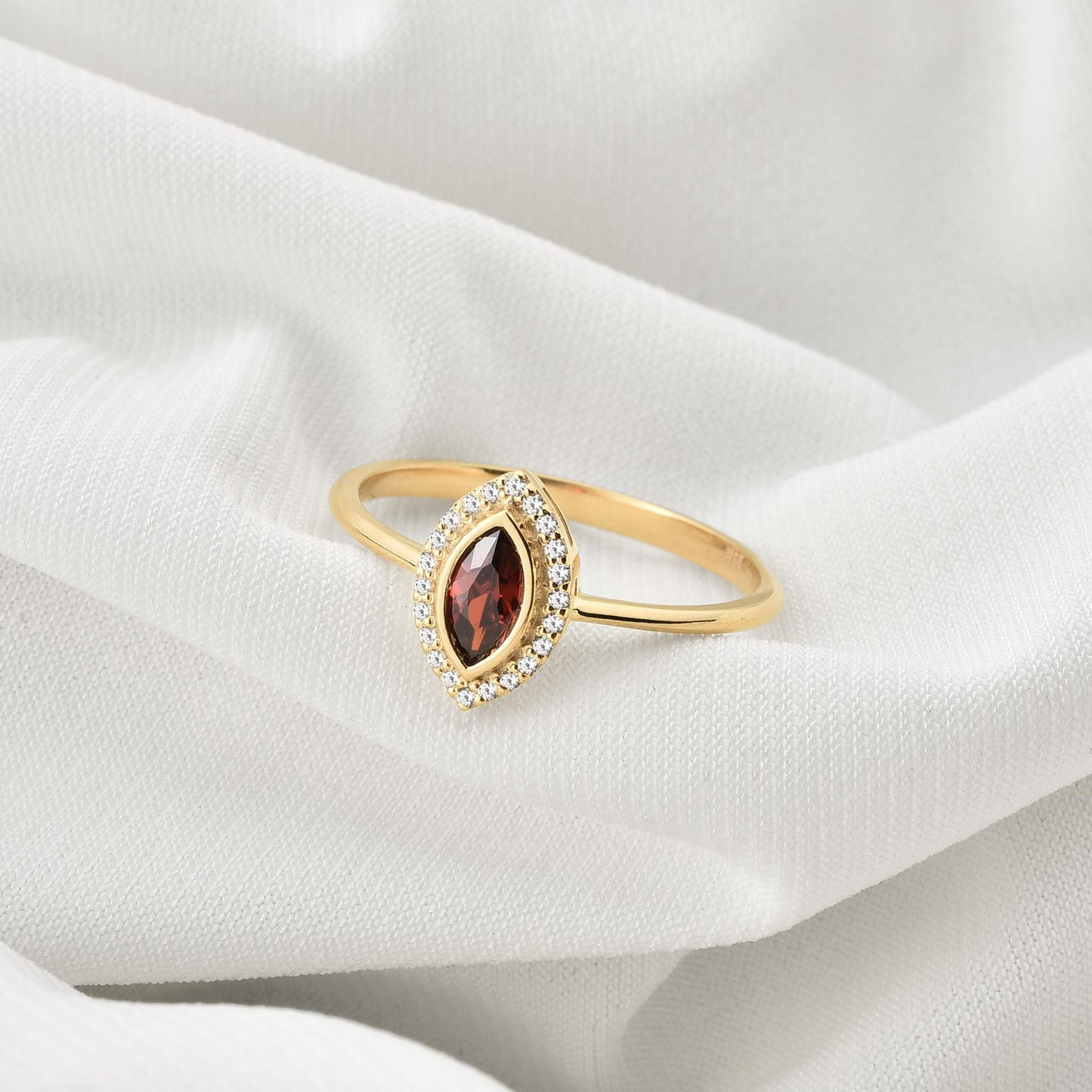 Garnet Bezel Marquise Ring with Real Diamonds in 8K/10K/14K Solid Gold | January Birthstone Jewelry