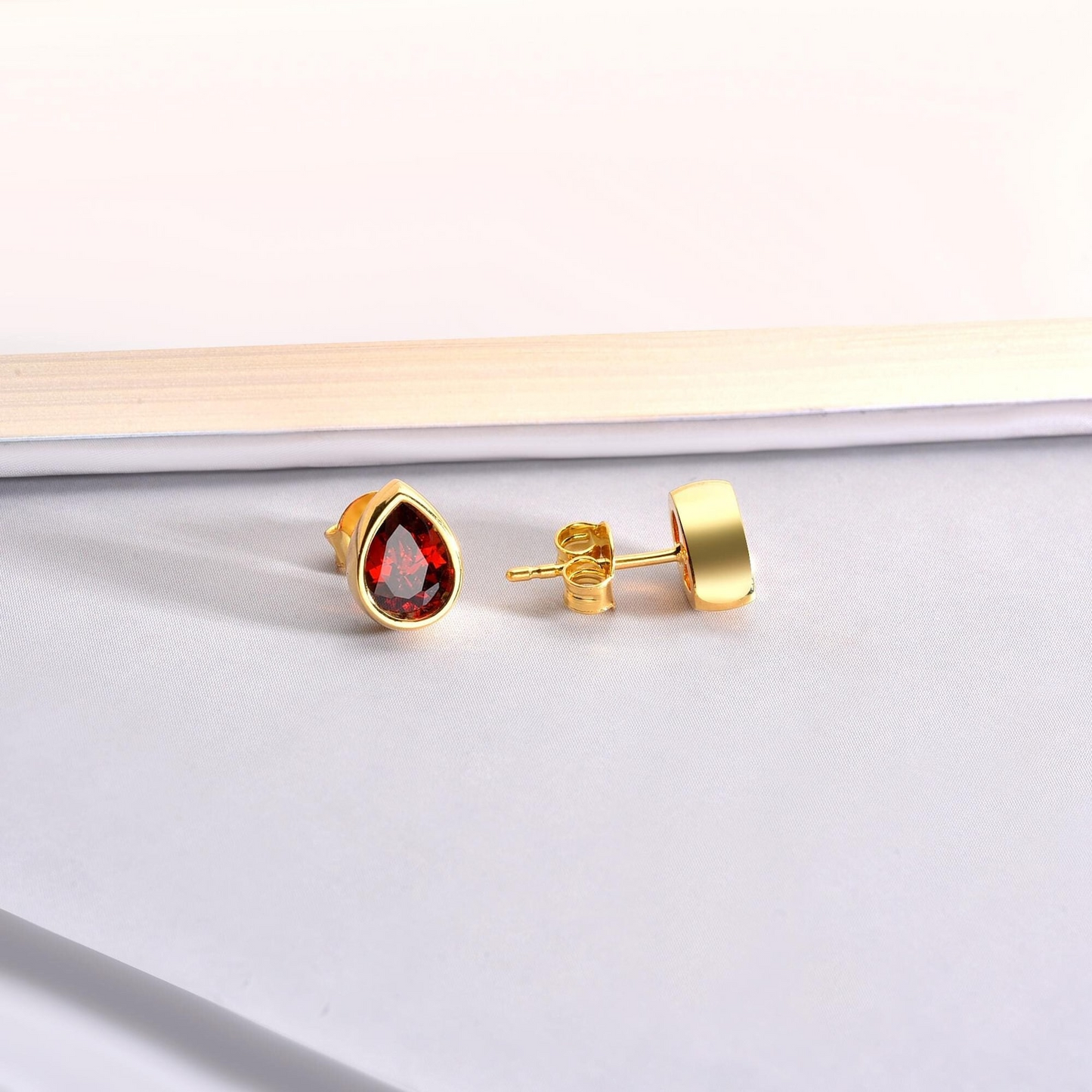 Garnet Drop Bezel Stud Earrings in 10K/14K Solid Gold, January Birthstone Jewelry