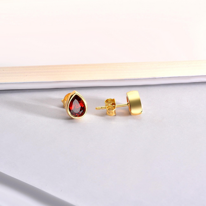 Garnet Drop Bezel Stud Earrings in 10K/14K Solid Gold, January Birthstone Jewelry