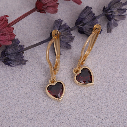Garnet Heart Cut Bezel Dangle Earrings 14K Solid Gold, January Birthstone Jewelry