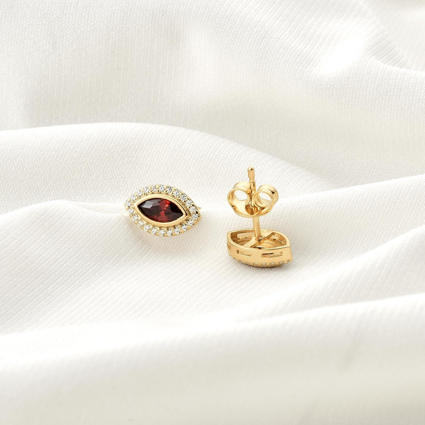 Garnet Bezel Marquise Stud Earrings with Real Diamonds in 8K/10K/14K Solid Gold | January Birthstone Jewelry