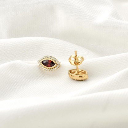 Garnet Bezel Marquise Stud Earrings with Real Diamonds in 8K/10K/14K Solid Gold | January Birthstone Jewelry