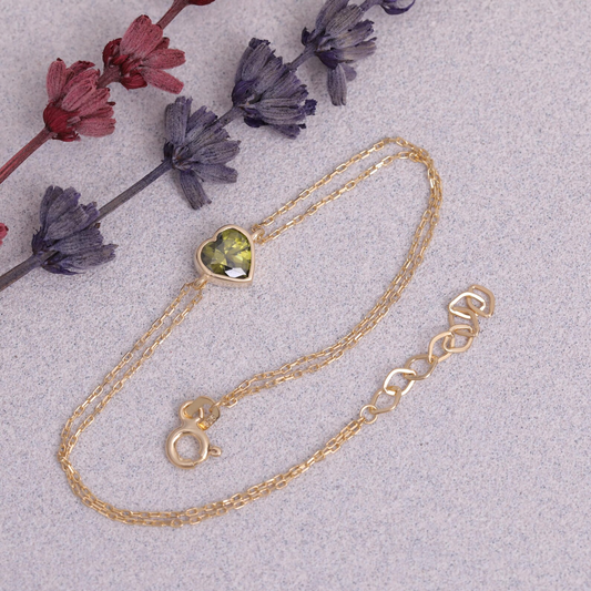 Heart Peridot Bezel Bracelet in 10K/14K Solid Gold | August Birthstone