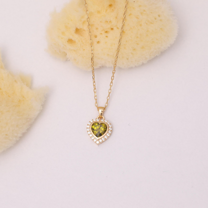 Peridot Bezel Heart Necklace with Real Diamonds in 8K/10K/14K Solid Gold | August Birthstone Jewelry