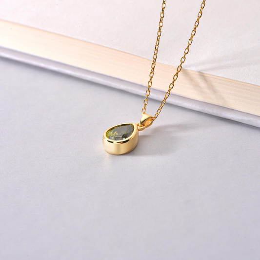 Peridot Bezel Drop Necklace 10/14K Solid Gold, August Birthstone Jewelry