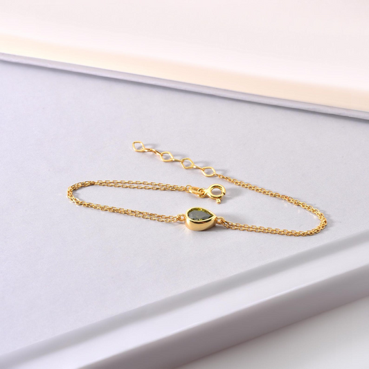 Peridot Drop Bezel Bracelet in 10K/14K Solid Gold, August Birthstone Jewelry