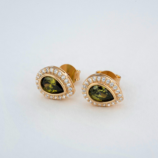 Peridot Bezel Drop Stud Earrings with Real Diamonds in 8K/10K/14K Solid Gold | August Birthstone Jewelry