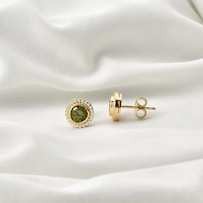 Peridot Round Bezel Stud Earrings in 8K/10K/14K Solid Gold with Real Diamonds, August Birthstone Jewelry