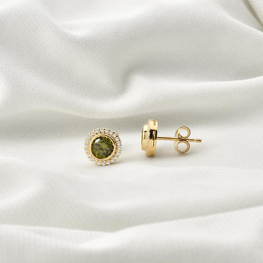 Peridot Round Bezel Stud Earrings in 8K/10K/14K Solid Gold with Real Diamonds, August Birthstone Jewelry