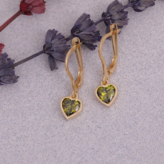 Peridot Heart Cut Bezel Dangle Earrings 14K Solid Gold, August Birthstone Jewelry