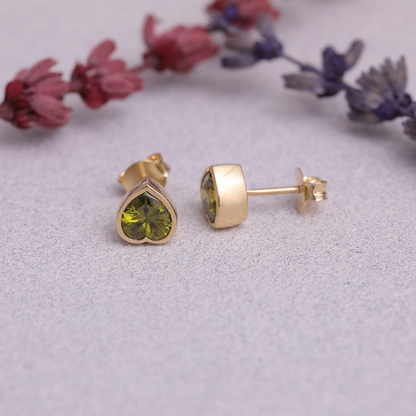 Peridot Heart Bezel Cut Stud Earrings 10K/14K Solid Gold, August Birthstone Jewelry