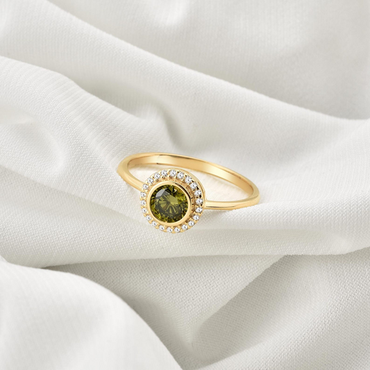 Peridot Round Bezel Ring in 8K/10K/14K Solid Gold with Real Diamonds, August Birthstone Jewelry