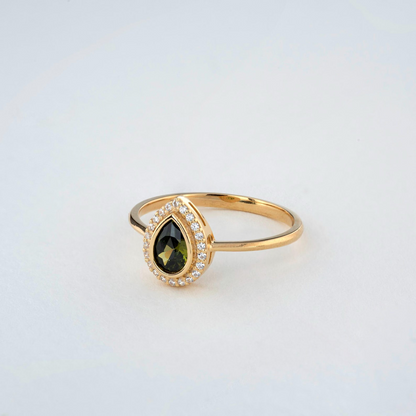 Peridot Bezel Drop Ring with Real Diamonds in 8K/10K/14K Solid Gold | August Birthstone Jewelry