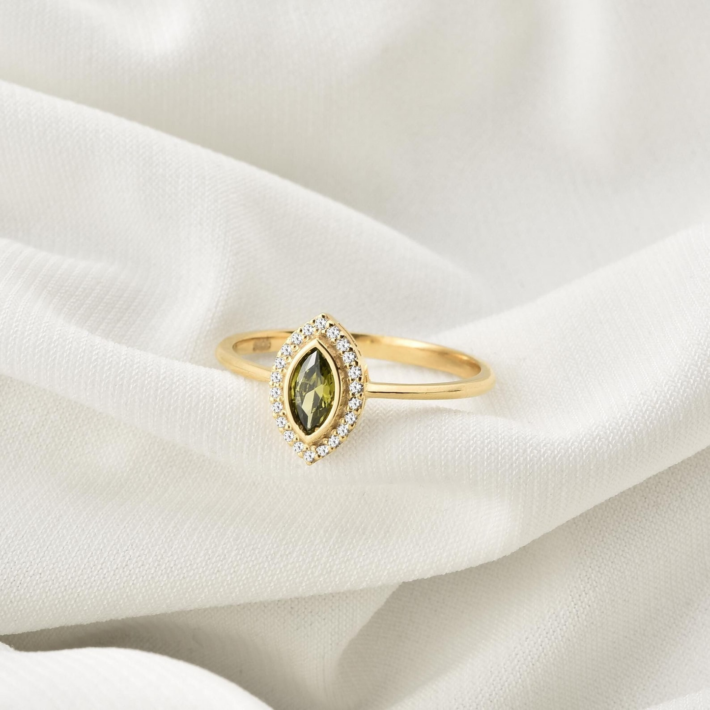 Peridot Bezel Marquise Ring with Real Diamonds in 8K/10K/14K Solid Gold | August Birthstone Jewelry