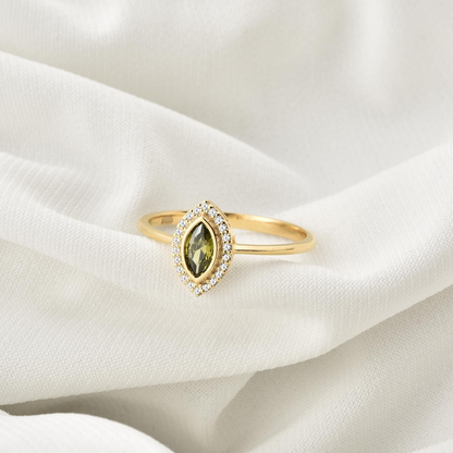 Peridot Bezel Marquise Ring with Real Diamonds in 8K/10K/14K Solid Gold | August Birthstone Jewelry