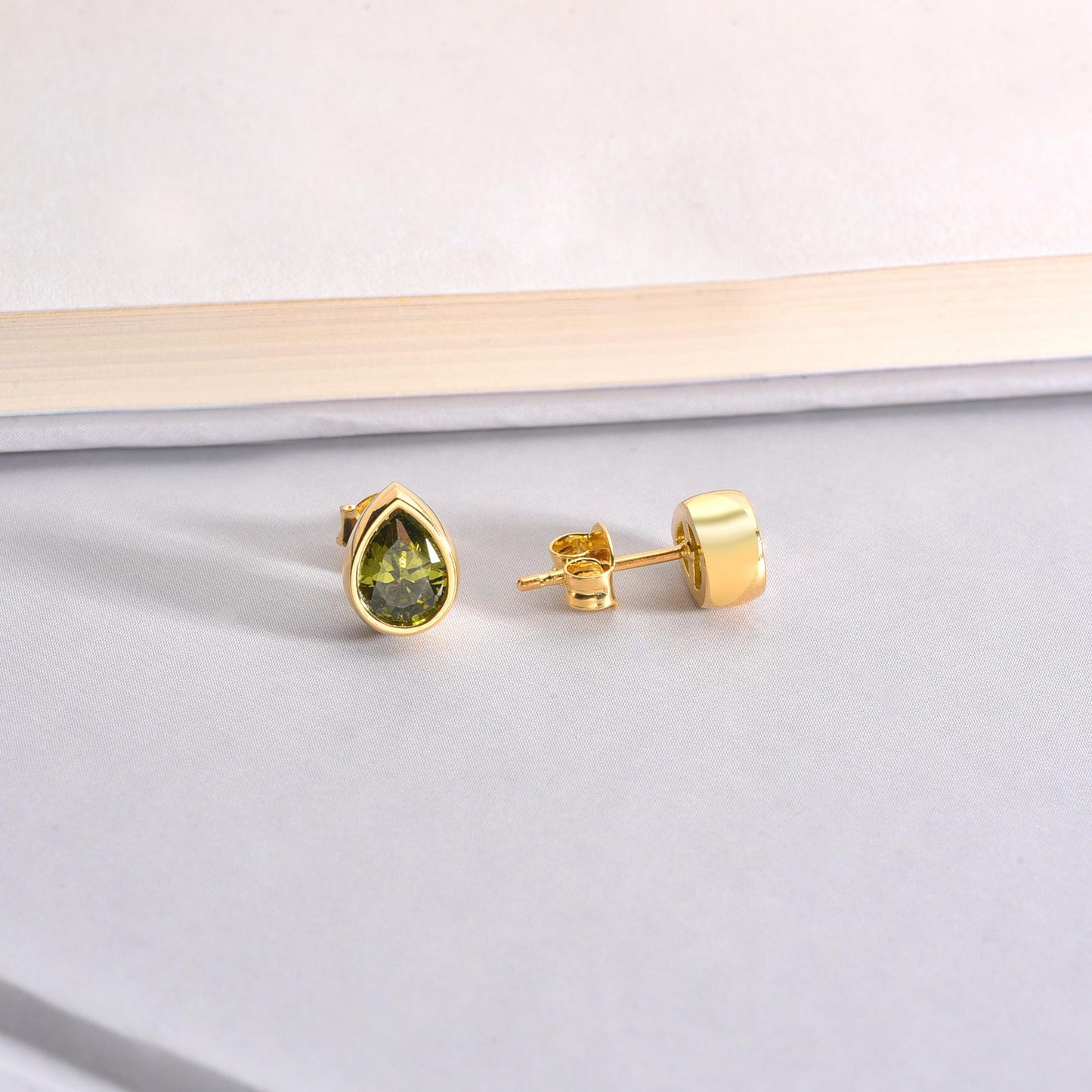 Peridot Drop Bezel Stud Earrings in 10K/14K Solid Gold, August Birthstone Jewelry