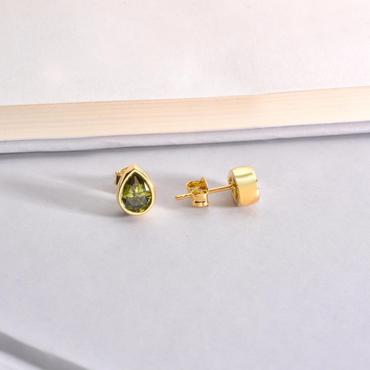 Peridot Drop Bezel Stud Earrings in 10K/14K Solid Gold, August Birthstone Jewelry
