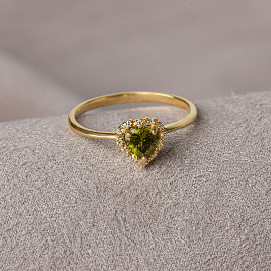 Peridot Bezel Heart Ring with Real Diamonds Halo in 8K/10K/14K Solid Gold | August Birthstone Jewelry