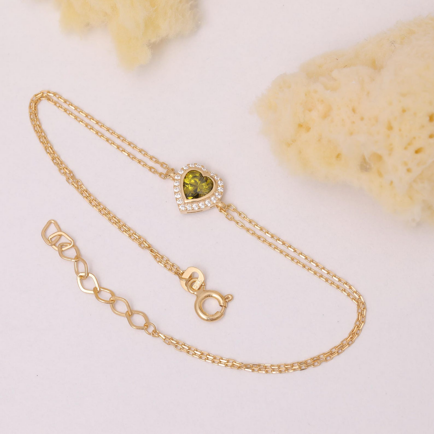 Peridot Bezel Heart Bracelet with Real Diamonds in 8K/10K/14K Solid Gold | August Birthstone Jewelry