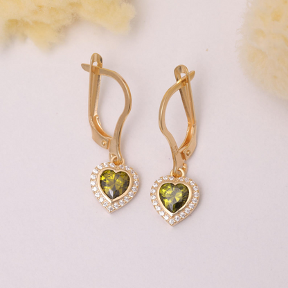 Peridot Bezel Heart Dangle Earrings with Real Diamonds in 8K/10K/14K Solid Gold | August Birthstone Jewelry