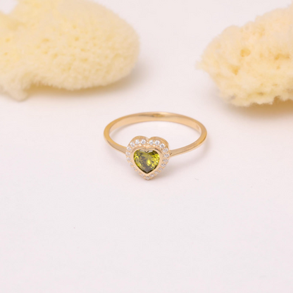 Peridot Bezel Heart Ring with Real Diamonds in 8K/10K/14K Solid Gold | August Birthstone Jewelry