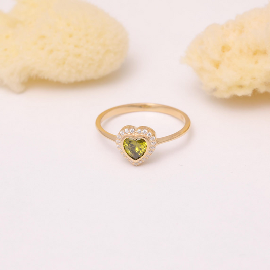 Peridot Bezel Heart Ring with Real Diamonds in 8K/10K/14K Solid Gold | August Birthstone Jewelry