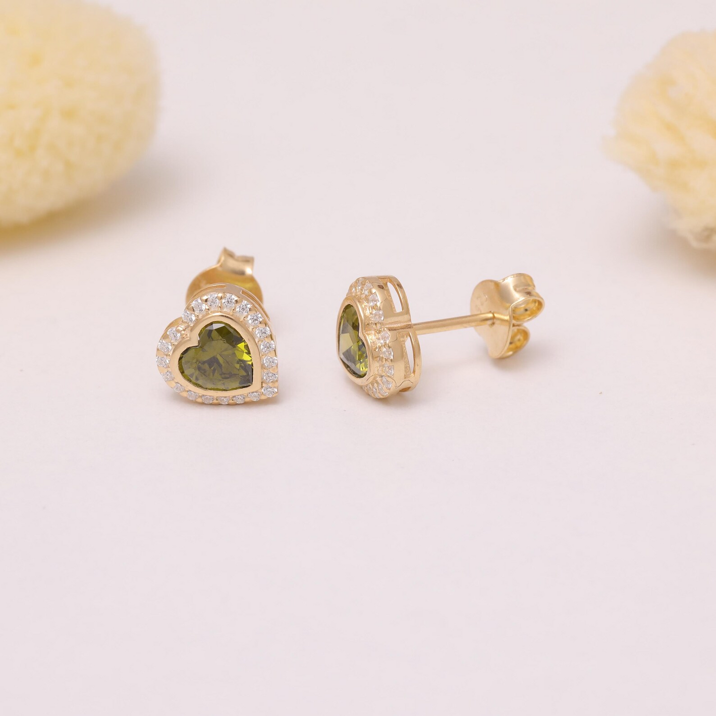 Peridot Bezel Heart Stud Earrings with Real Diamonds in 10K/14K Solid Gold | August Birthstone Jewelry