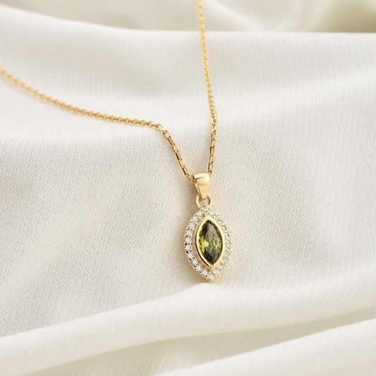 Peridot Bezel Marquise Necklace with Real Diamonds in 8K/10K/14K Solid Gold | August Birthstone Jewelry