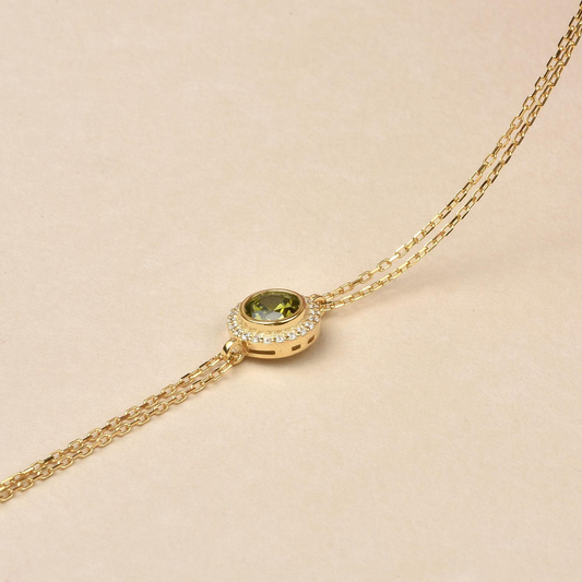 Peridot Round Bezel Bracelet in 8K/10K/14K Solid Gold with Real Diamonds, August Birthstone Jewelry
