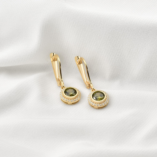 Peridot Round Bezel Dangle Earrings in 8K/10K/14K Solid Gold with Real Diamonds, August Birthstone Jewelry