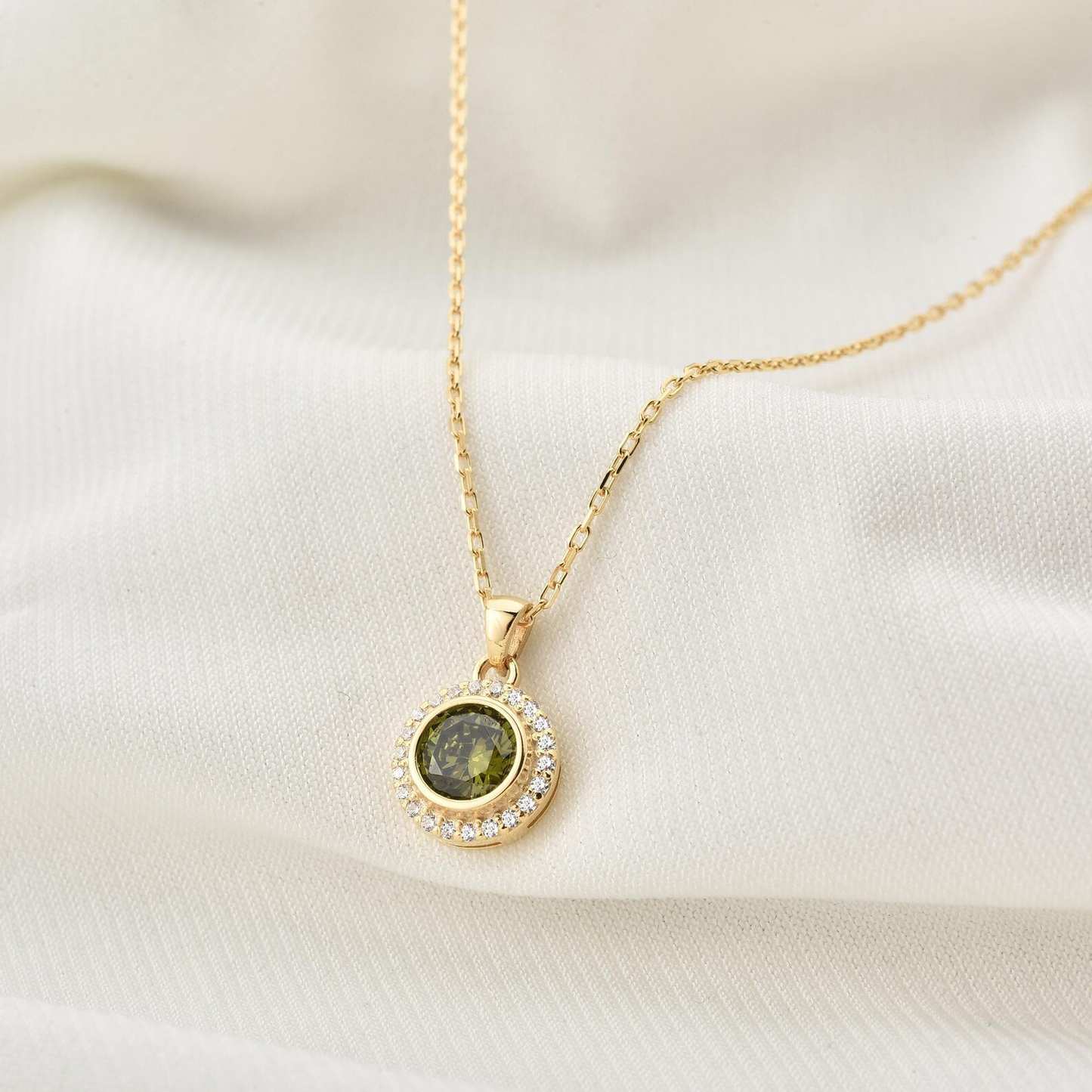 Peridot Round Bezel Necklace in 8K/10K/14K Solid Gold with Real Diamonds, August Birthstone Jewelry