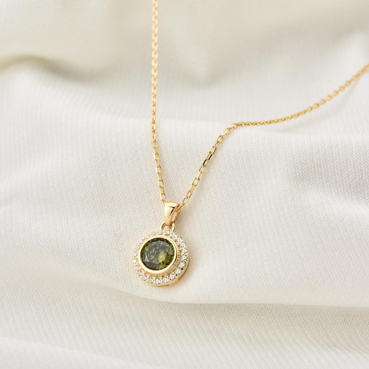 Peridot Round Bezel Necklace in 8K/10K/14K Solid Gold with Real Diamonds, August Birthstone Jewelry