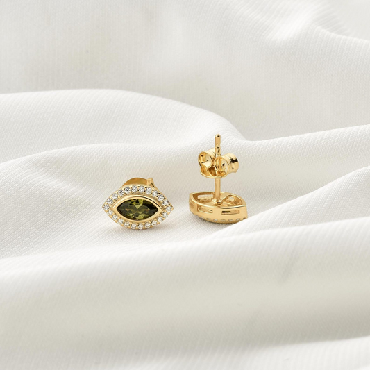 Peridot Bezel Marquise Stud Earrings with Real Diamonds in 8K/10K/14K Solid Gold | August Birthstone Jewelry