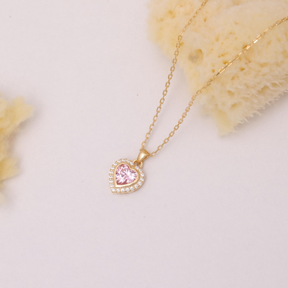 Pink Tourmaline Bezel Heart Necklace with Real Diamonds in 8K/10K/14K Solid Gold | October Birthstone Jewelry