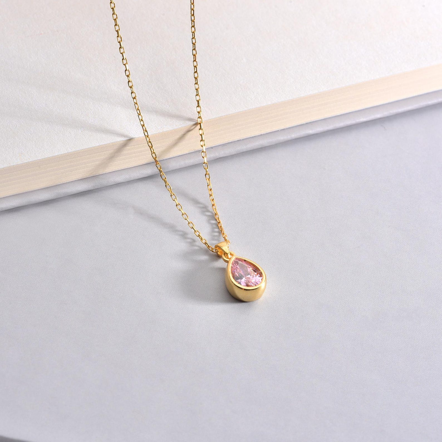 Pink Tourmaline Bezel Drop Necklace 10/14K Solid Gold, October Birthstone Jewelry