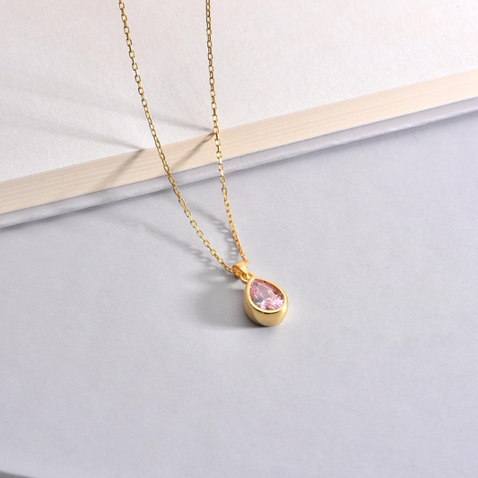 Pink Tourmaline Bezel Drop Necklace 10/14K Solid Gold, October Birthstone Jewelry