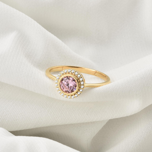 Pink Tourmaline Round Bezel Ring in 8K/10K/14K Solid Gold with Real Diamonds, October Birthstone Jewelry